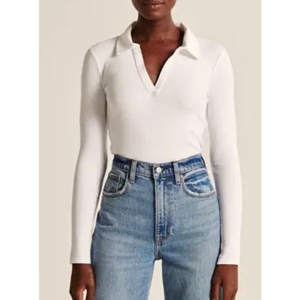 Abercrombie & Fitch Ribbed Long Sleeve Polo Top Size Large White Preppy Minimal